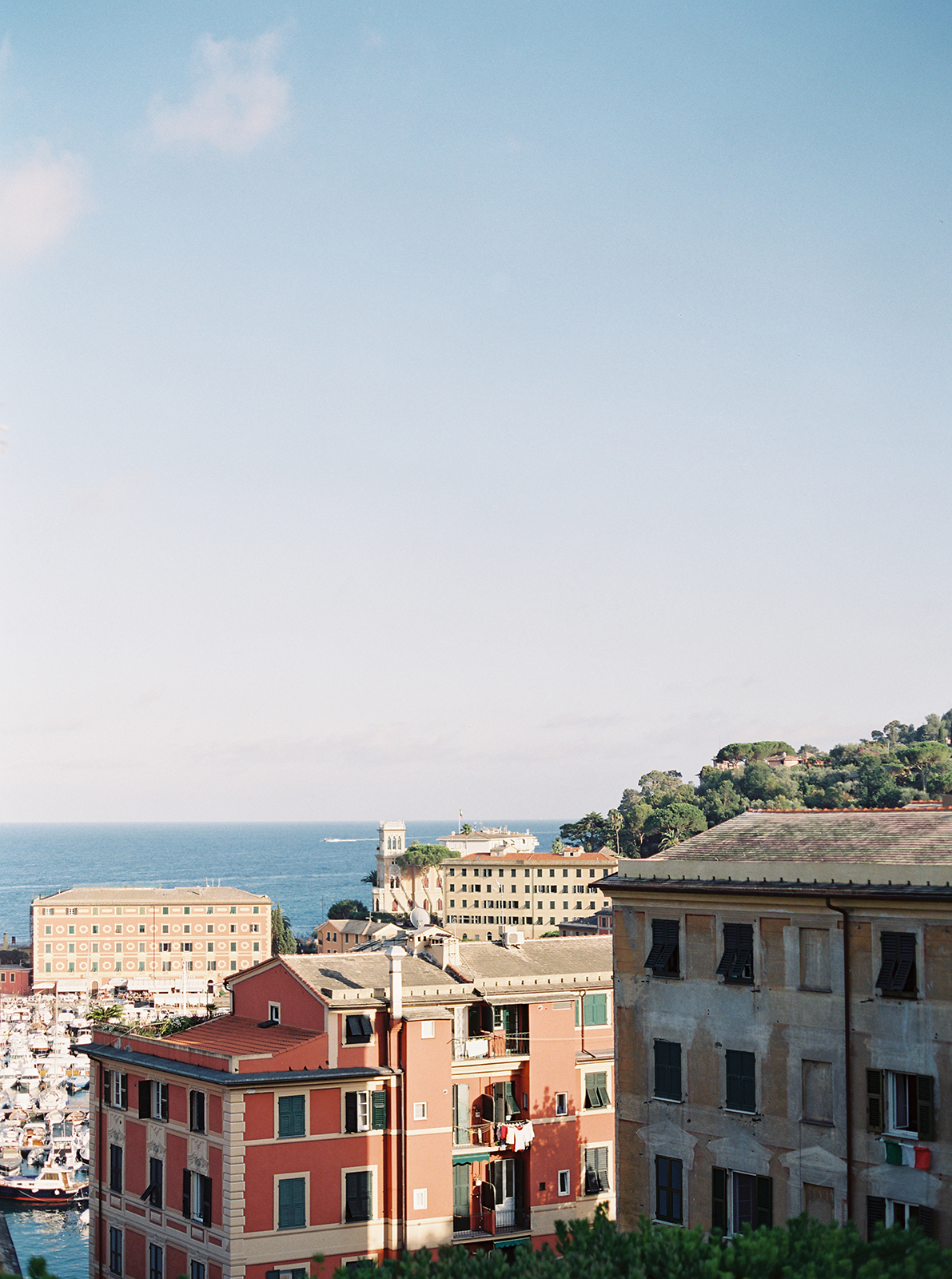 View over Santa Margherita Ligure harbor and colorful seaside buildings on the Italian Riviera