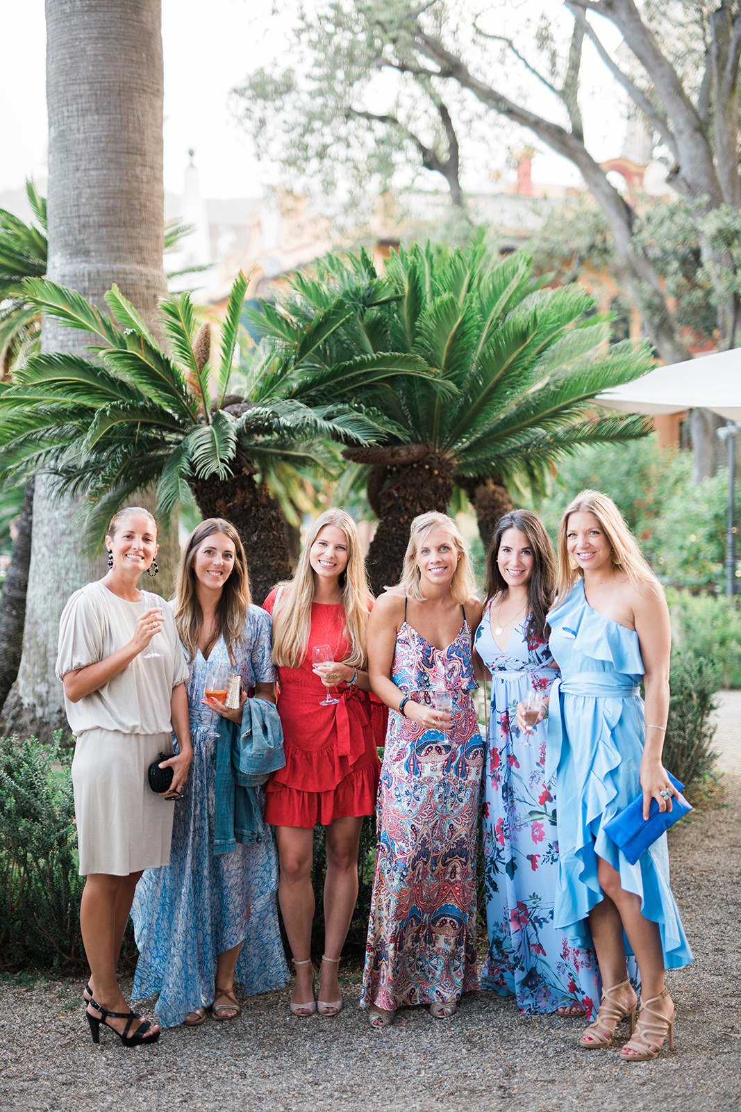 Group of wedding guests posing outdoors at Villa Durazzo in Santa Margherita Ligure