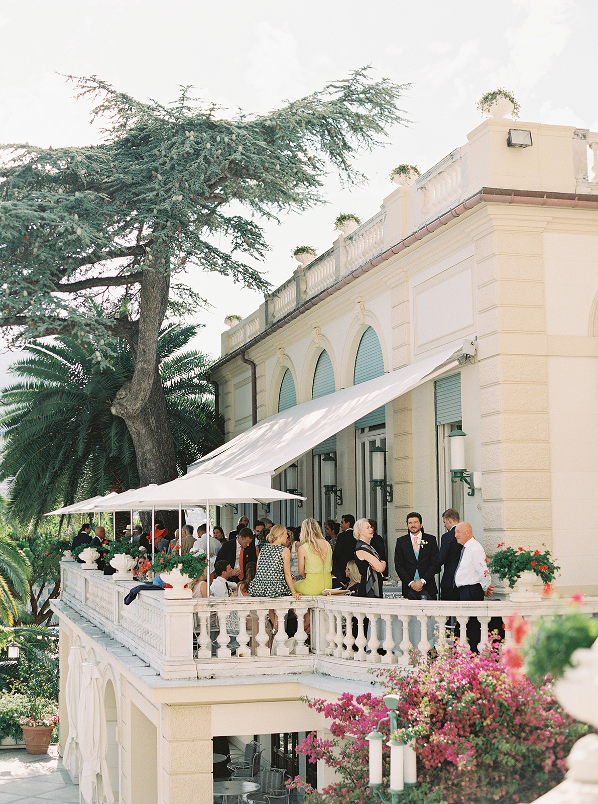 Wedding reception cocktail hour on terrace at Imperiale Palace Hotel in Portofino