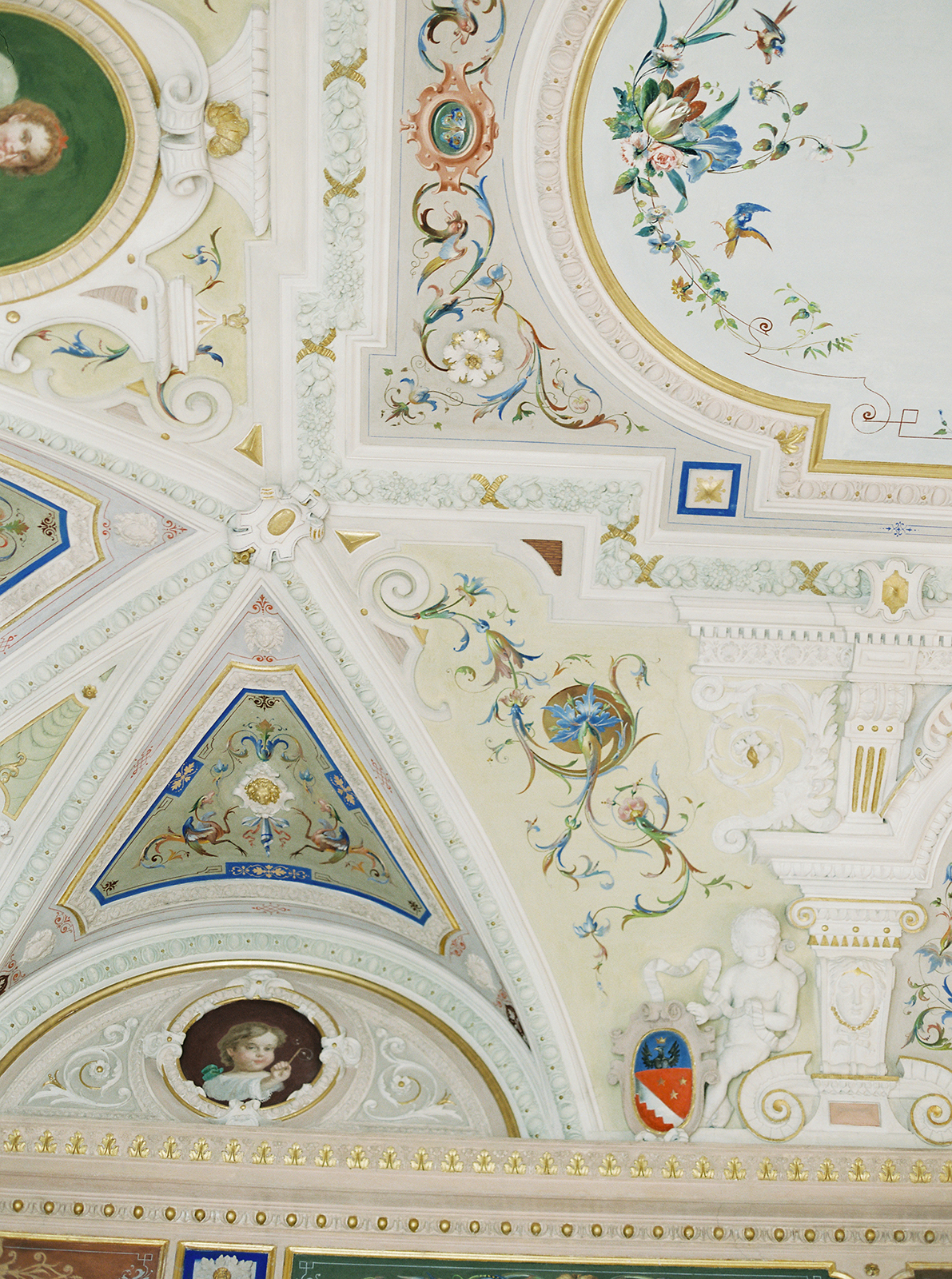 Ornate painted ceiling inside Imperiale Palace Hotel in Portofino showcasing historic Italian details