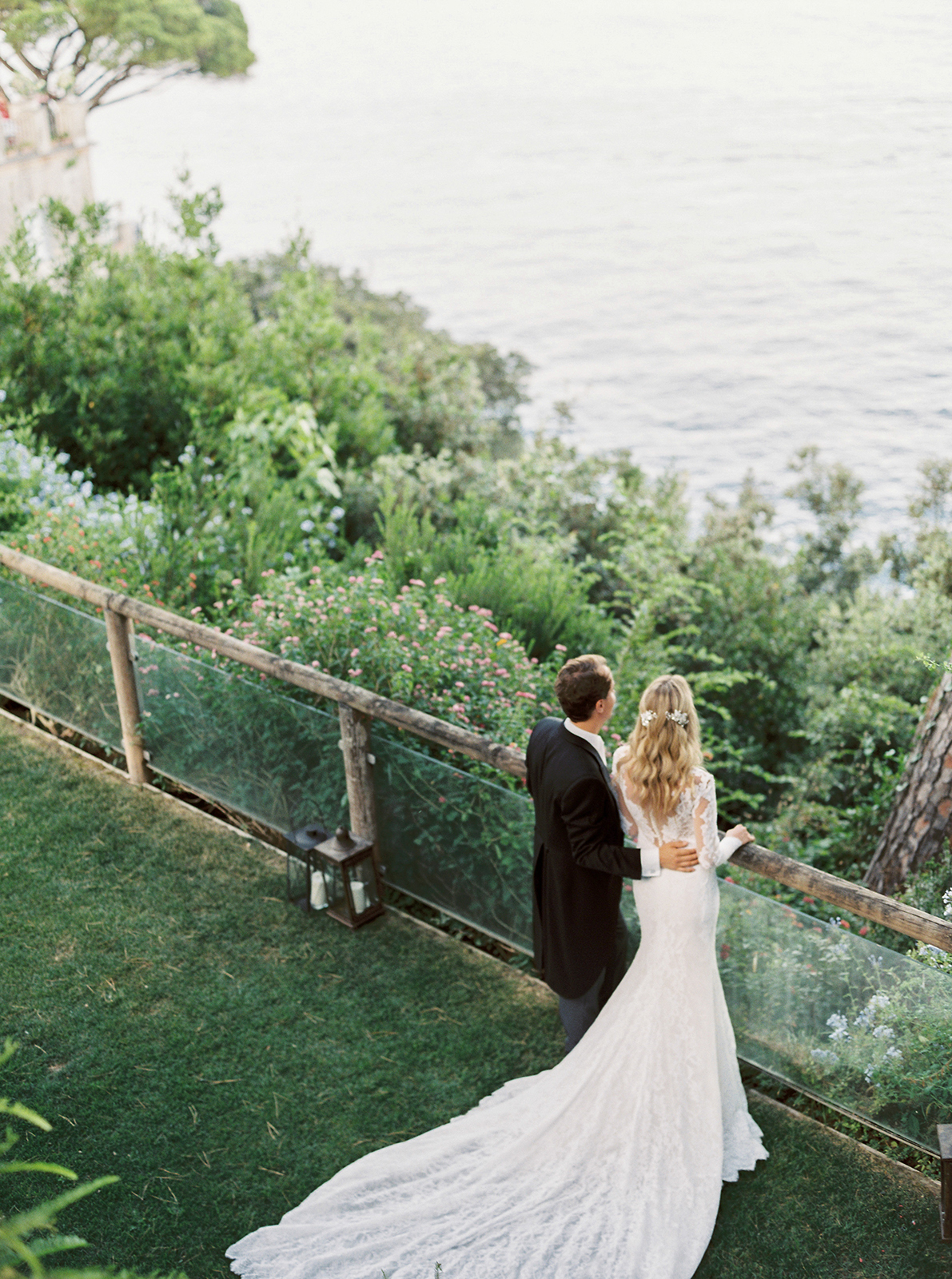 Bride and groom from above overlooking the Ligurian coast at La Cervara wedding venue