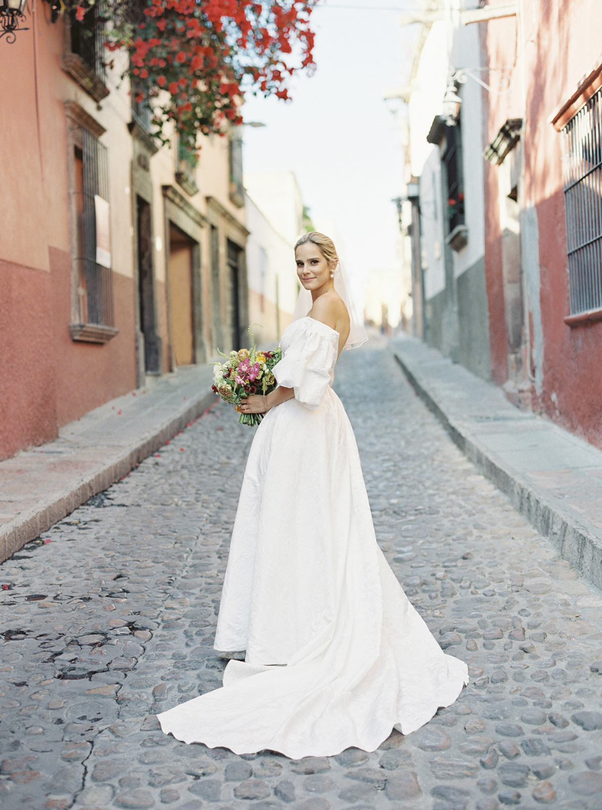 Bride portrait on cobblestone street in San Miguel de Allende