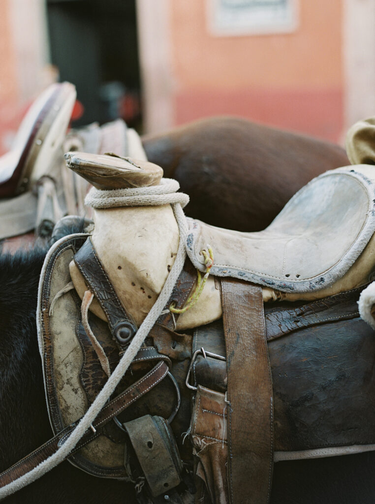 close up of a leather horse saddle in Mexico