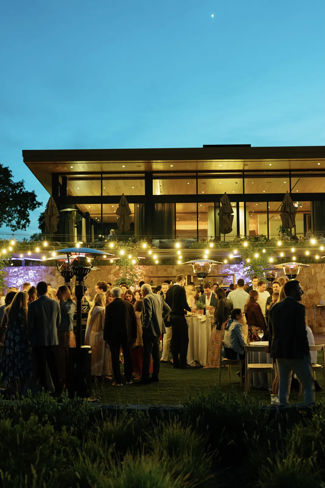 Guests mingling under string lights at an elegant Montage Healdsburg rehearsal dinner