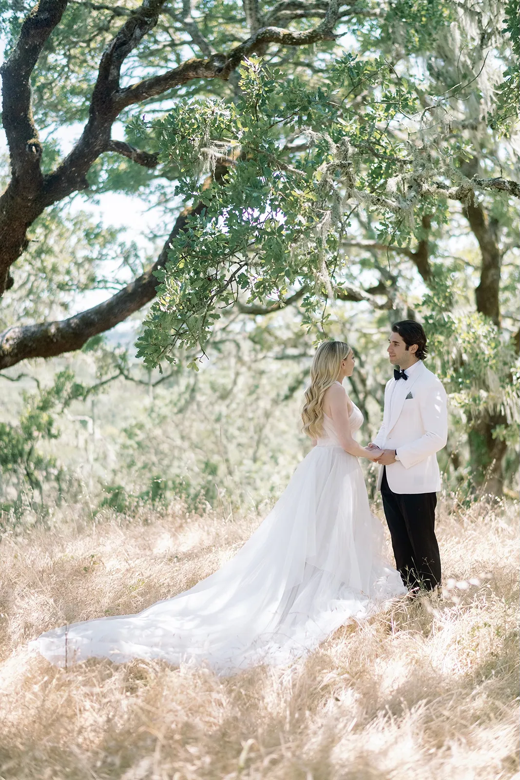 Bride and groom holding hands beneath the oak trees during their wedding portraits at Montage Healdsburg