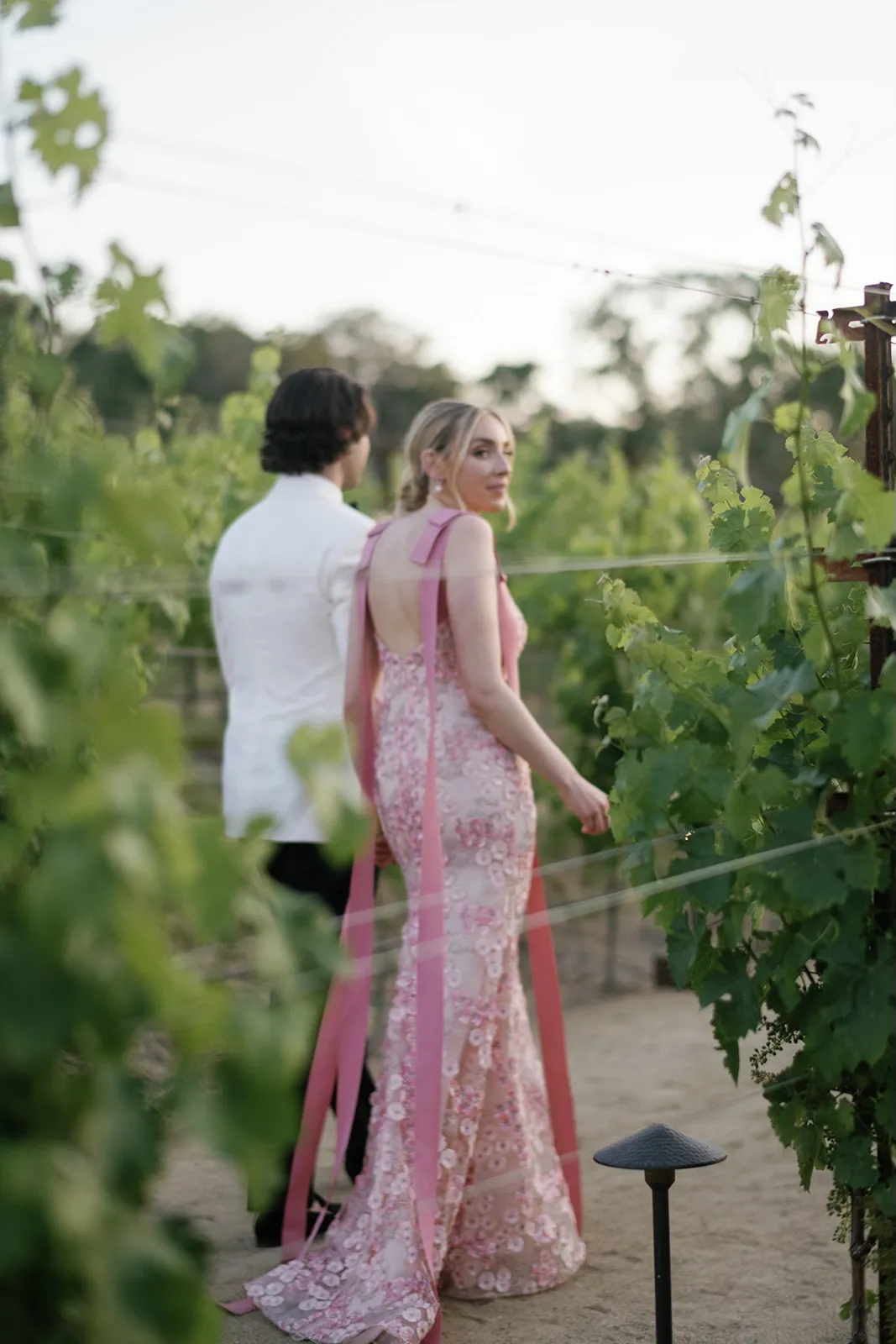 Bride and groom walking through vineyard rows at Montage Healdsburg during golden hour