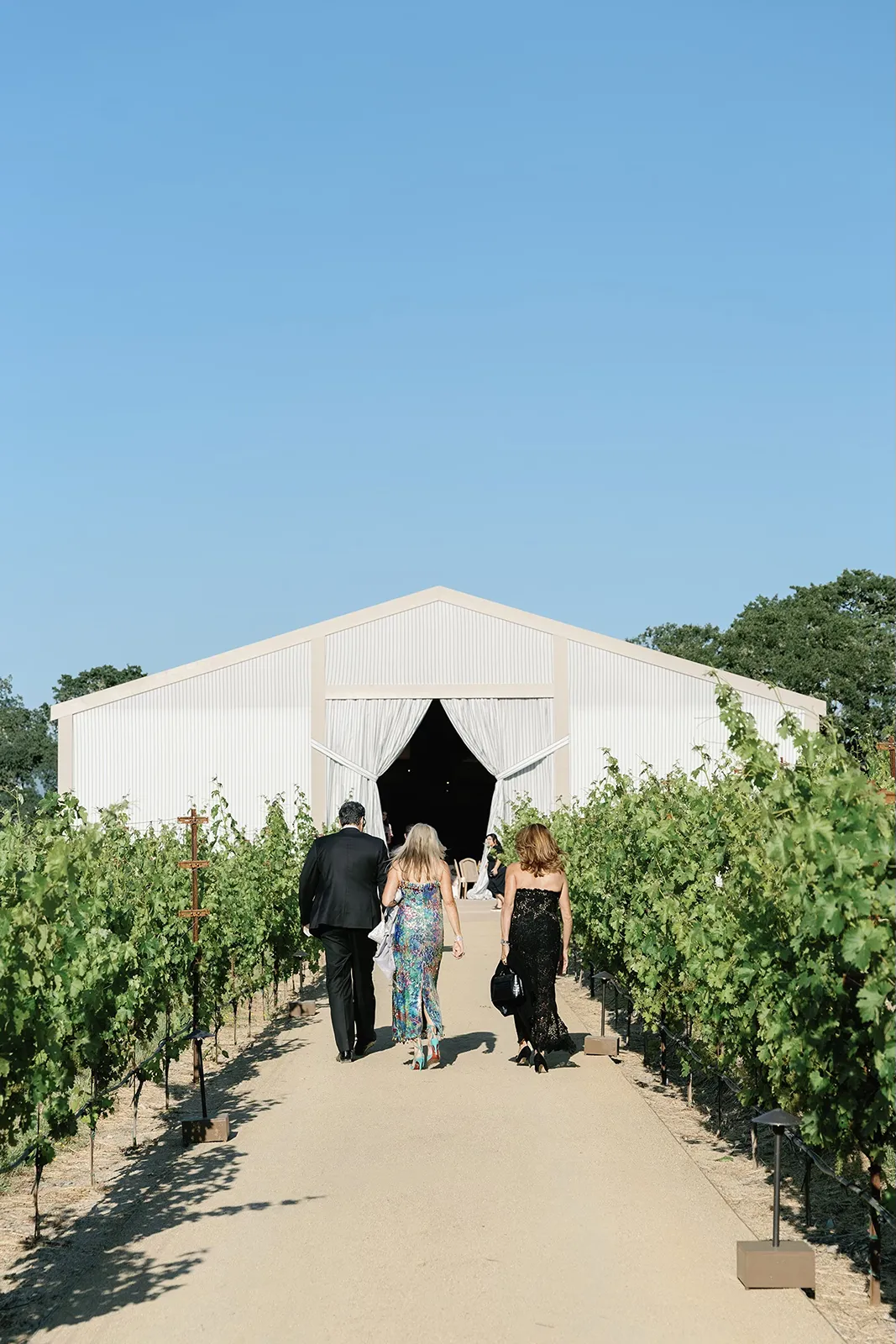 wedding guests making their way towards reception tent