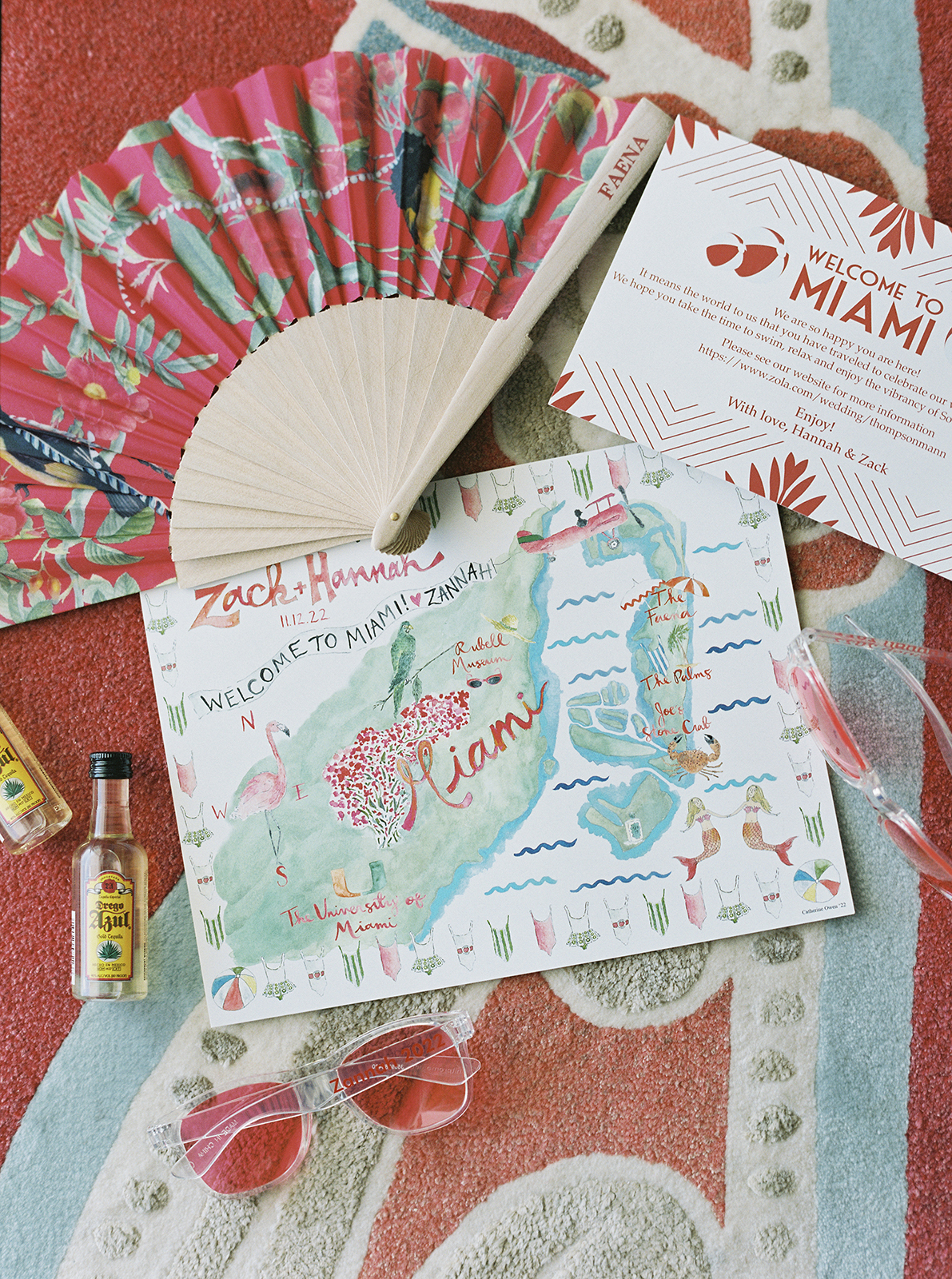 Welcome to Miami wedding stationery and custom illustrated map for a destination wedding at Faena