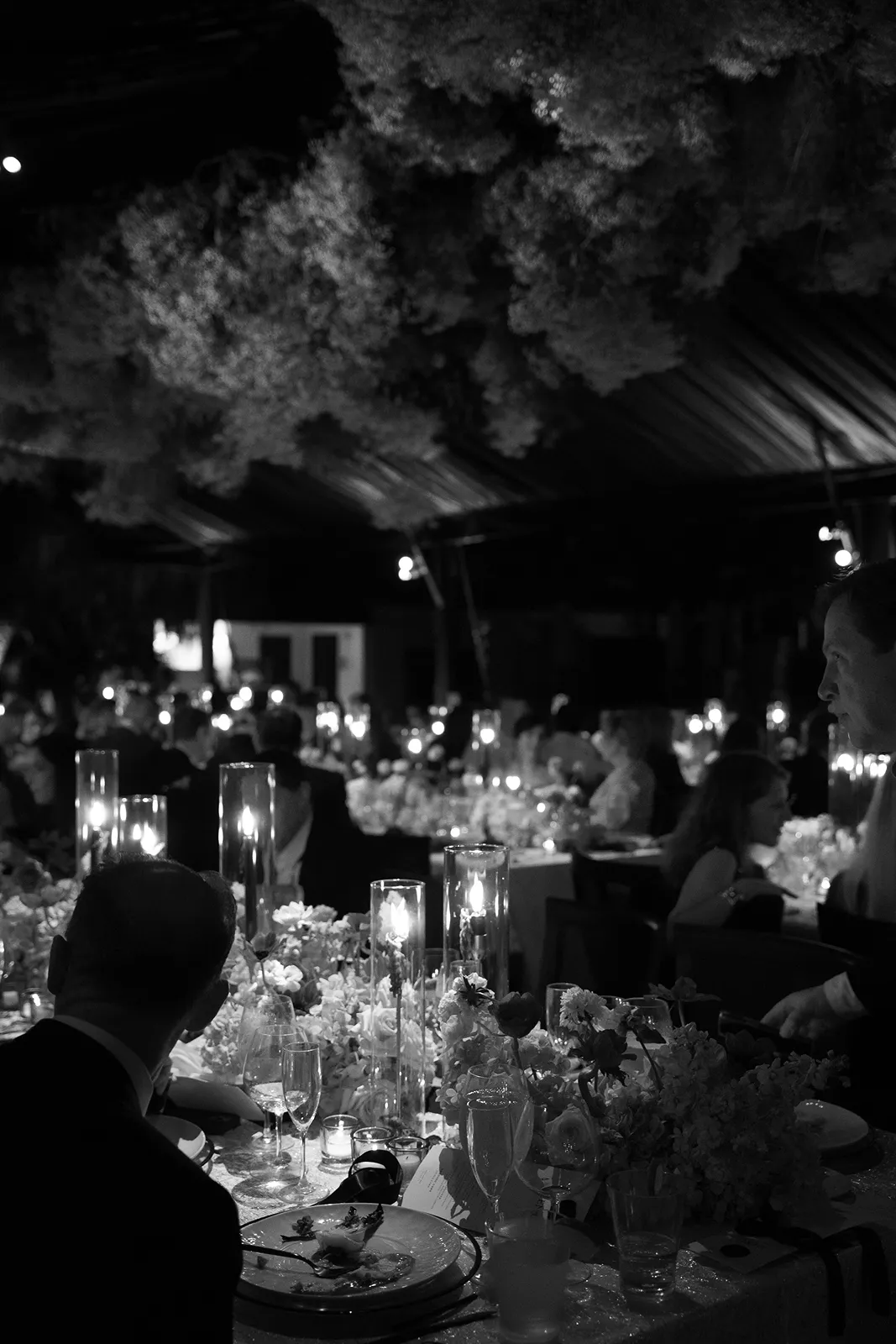 Romantic evening wedding reception with candlelight