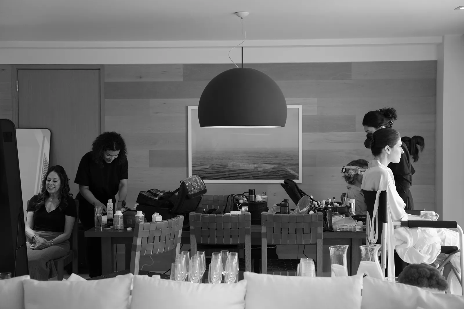 Wedding party getting ready inside a suite at The Miami Beach EDITION