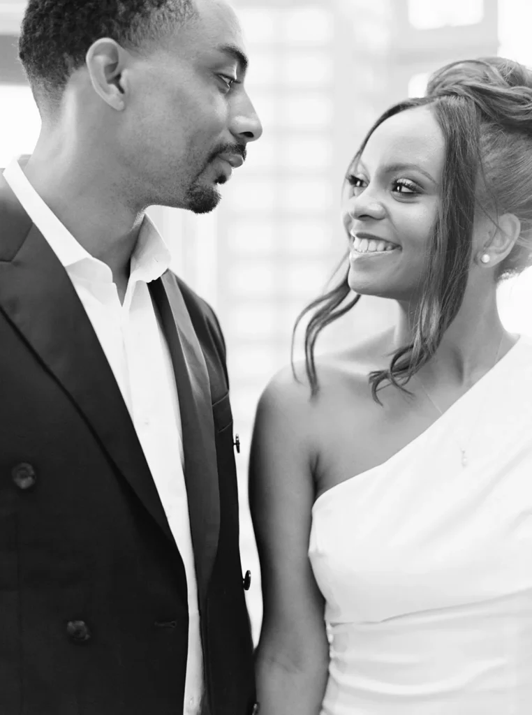 couple admiring each other in black and white