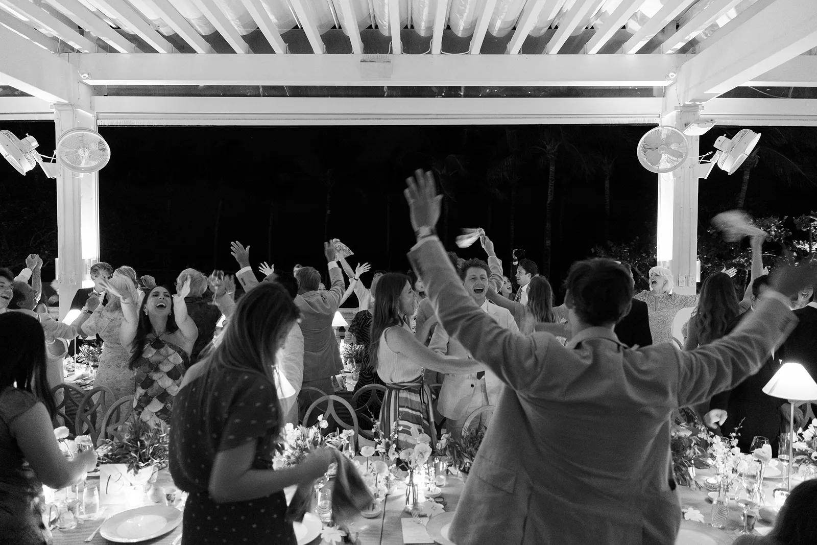 wedding guests off their seats dancing and singing after dinner