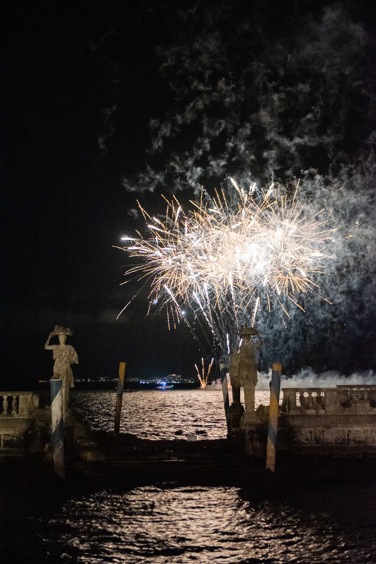 Wedding fireworks over Biscayne Bay following a Vizcaya Museum & Gardens wedding reception
